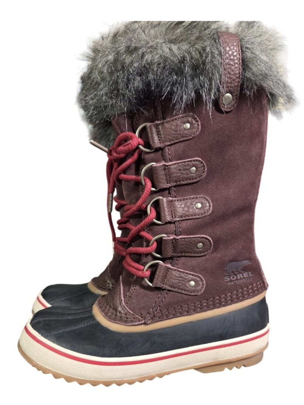 SOREL Womens Joan of Arctic Burgundy Maroon Suede Waterproof Faux Fur Boots 6.5